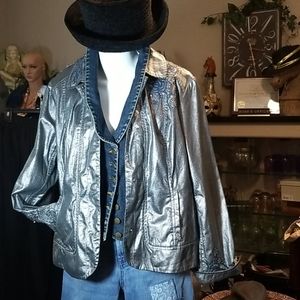Chico's Gray wet look denim embroidered jacket
